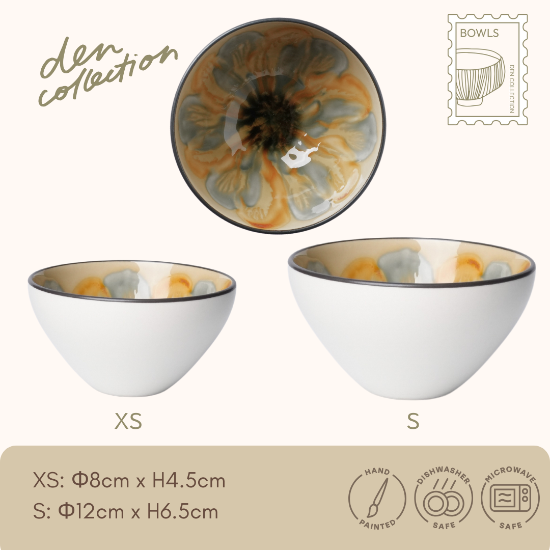 Marble Blossom Bowl in yellow – 8cm/12cm handmade Japanese Mino ware with marbled glaze. Bright sunflower tone.  
マーブルボウル(イエロー)。8cm/12cmサイズの手作り美濃焼。マーブル釉が美しく、ひまわりのような色合いが食卓を彩ります。